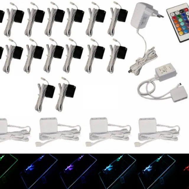 Trango Set van 16 RGB Kleur Veranderende LED Glazen Randverlichting 5022-16 incl. Afstandsbediening Kastverlichting I Glazen Vloerverlichting I Vitrine Verlichting I LED Clips I Meubelverlichting Set van 2