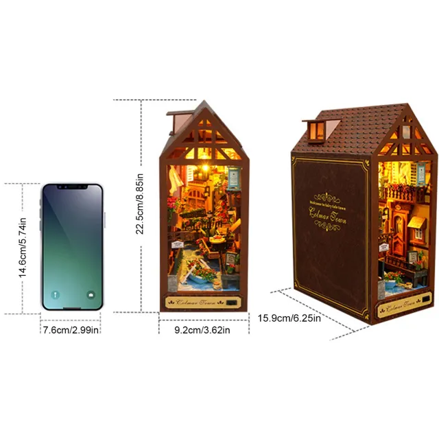 DESMIU Boekensteun – 3D Houten Puzzel – 22,5 x 15,9 x 9,2 Cm – Hout – Bruin Roze Groen Blauw – Decoratieve Boekenkastinzet Met Ledlicht Voor Thuis En Bureau Houtkleur