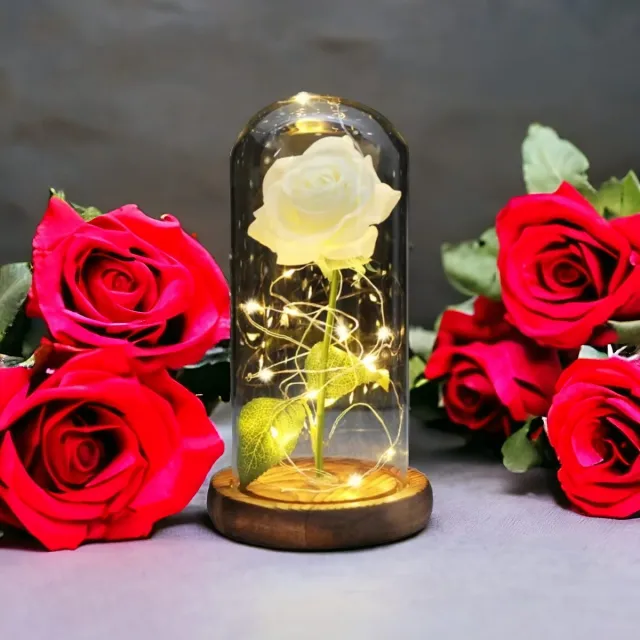 AliRose Luxe Roos in Stolp - WIT met Groen - Houten Basis - LED Roos - Valentijn - Romantiek - Liefde - Amor - Laat Je Liefde Stralen! Witte Roos, groene steel