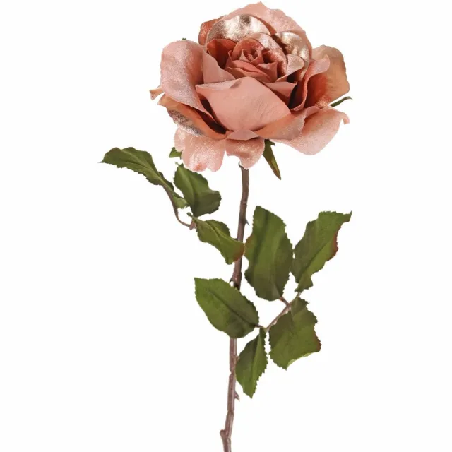 Top Art Kunstbloem roos Glamour - zalm met goudkleur - satijn - 61 cm - kunststof steel - decoratie bloemen Zalmroze