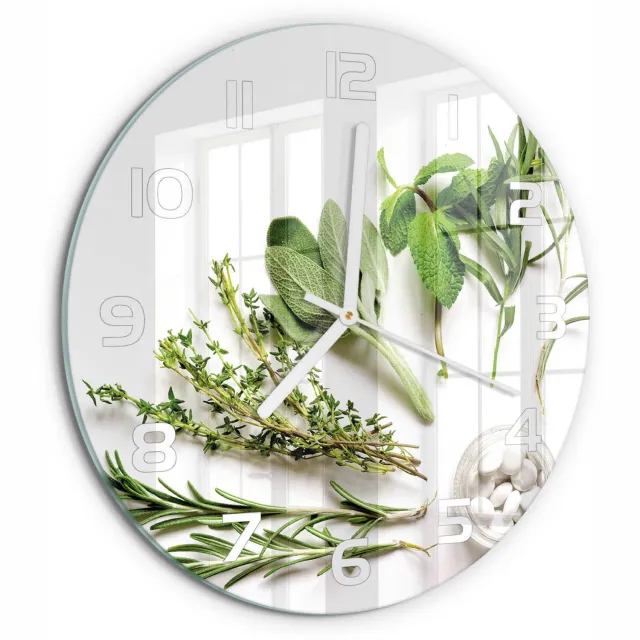 TULUP Wandklok - Kruiden Klok Glas Met Opdruk - fi30 cm - Groente Moderne Wandklok Glas - Witte handen - Ronde Klok - Decoratieve Glazen Klok - Glazen Wandklok Design