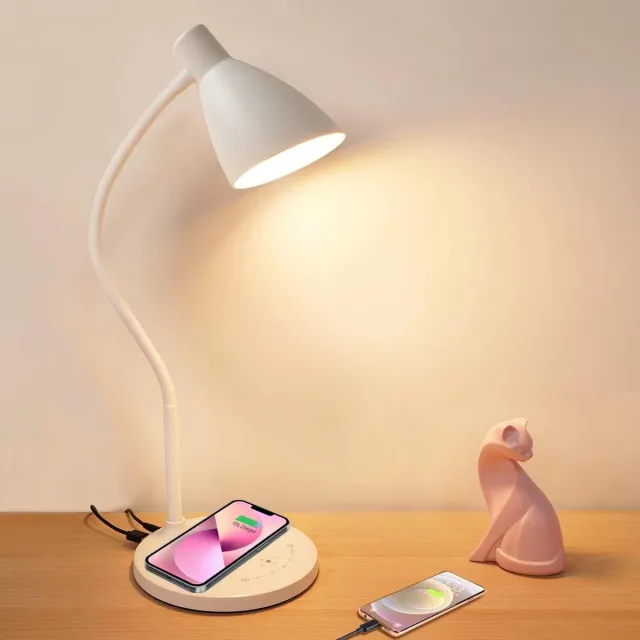 Lampen District Bureaulamp met draadloze telefoon oplader - 5 verlichtingsmodes & 7 helderheidsniveaus - Zwanenhals - Tafellamp slaapkamer Wit