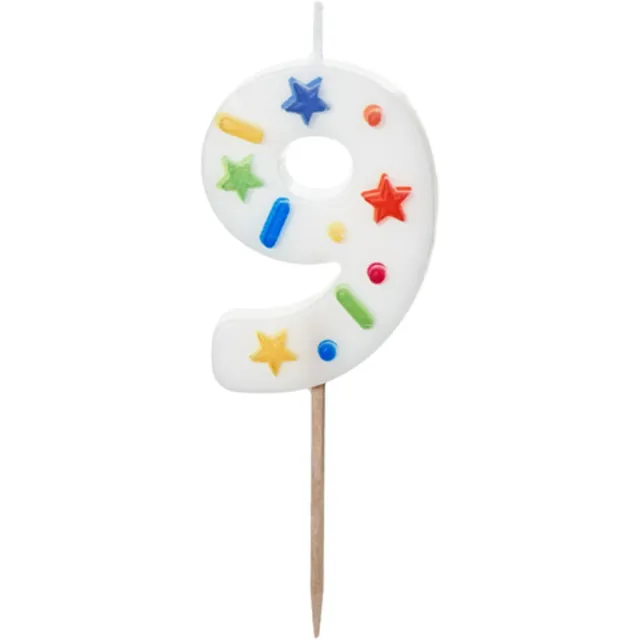 DutchiQ Cijferkaars 9 - Vrolijke confetti print - Taartkaars nummer 8 - Geschikt voor taart, cupcake, etc Confetti - 9