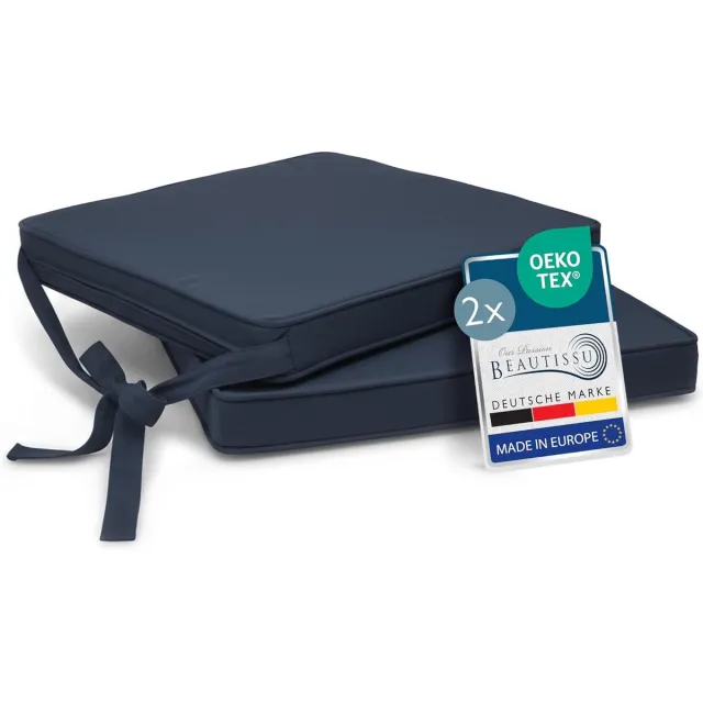 Beautissu Loft SK - Set van 2 Stoelkussens met Linten Zitkussen 45x40x5 cm - Zitkussens voor Stoelen Non-Slip met Afneembare Kussenhoes - Kussen Blauw Blauw 2x