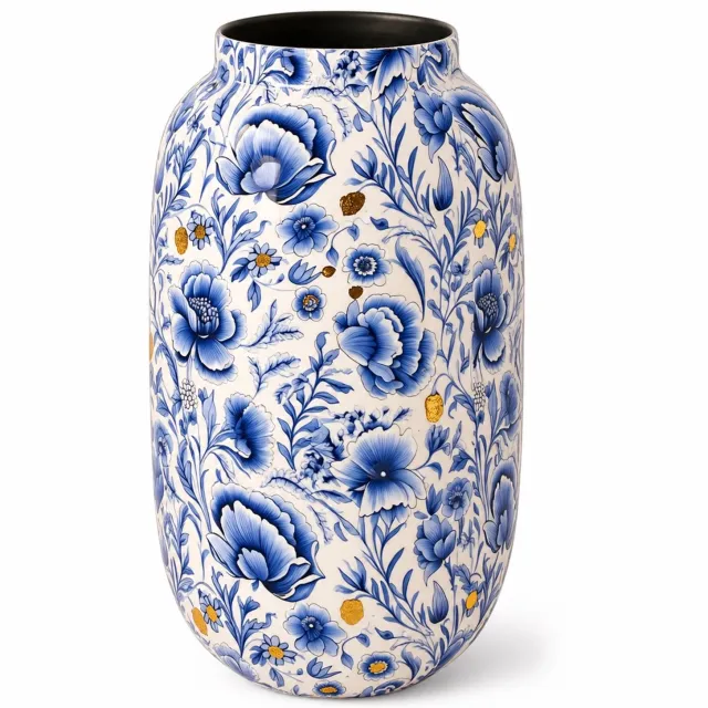 Winq Vaas Metaal Delfts Blauw-16x31cm-opvallende goud accenten-16x31cm-Hoge Vazen-Vaas voor bloemen
