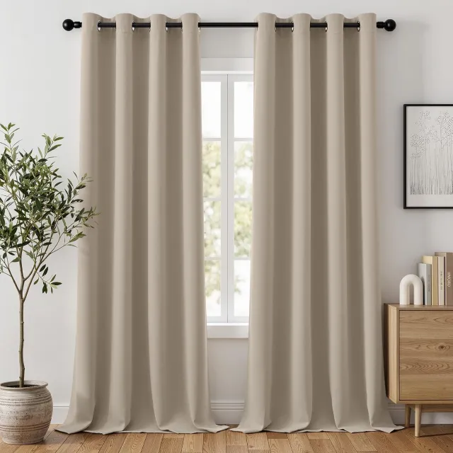 Famanu Thermo verduisteringsgordijnen set van 2 stuks, ondoorzichtig en isolerend, beige, 140 x 235 cm, voor woonkamer en slaapkamer, eenvoudig te onderhouden