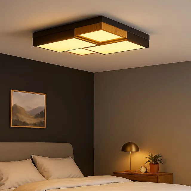Globo LED plafondlamp slaapkamerlamp houtlook woonkamerlamp, metaal MDF kunststof, trapschakelaar, 50W 3000lm warm wit, LxBxH 60x60x9 cm grijs