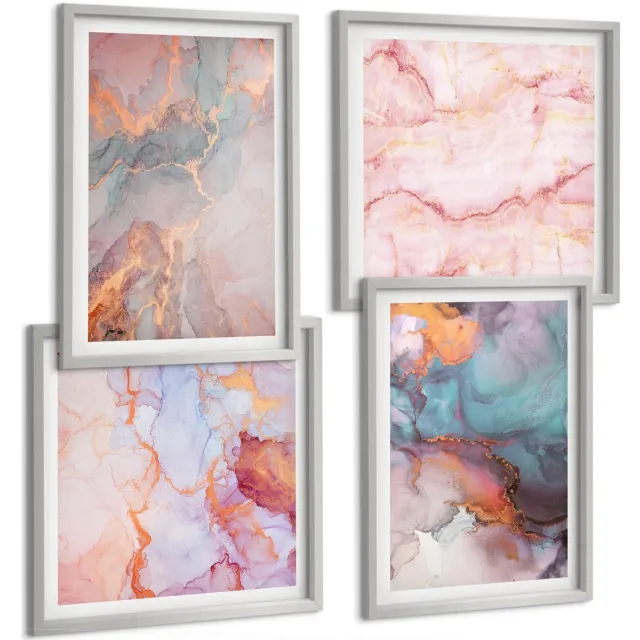 Coloray 4-Delige Schilderij Set - Abstracte Patronen In Pastelkleuren Met Accenten - 40 x 40 cm En 40 x 60 cm - Muurdecoratie - Decoratieve Schilderijen - Wohnzimmer - Stijlvolle Muurdecoratie Zilveren lijst