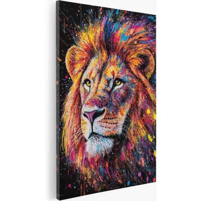 Saammp Canvas Schilderij - Leeuw met kleurrijke verfspetters - Dieren - Natuur - 80x120 - Foto op canvas - Wanddecoratie - Muurdecoratie Woonkamer - Slaapkamer decoratie - Canvas Print Multicolor