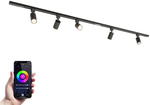 HOFTRONIC railverlichting pakket recht – 2x 1 meter rail – 5 dimbare RGBWW GU10 railspots – aluminium zwart – IP20 – modulair – 230V – smart verlichting woonkamer keuken kantoor
