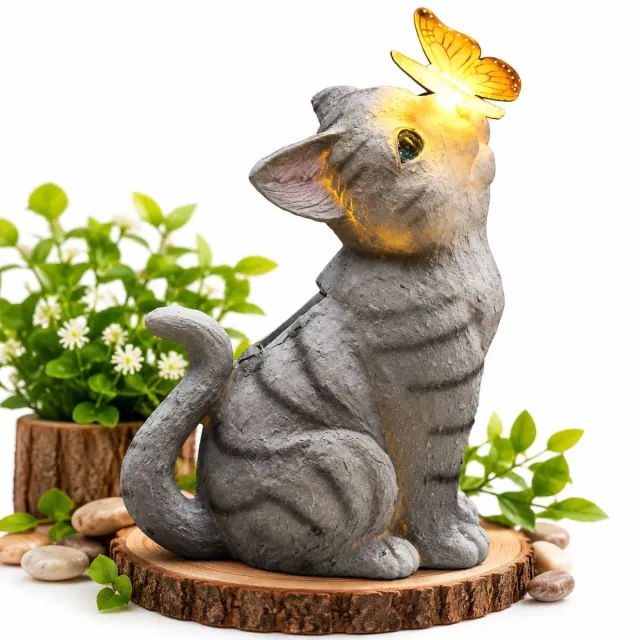 VHV Kat Vlinder Vorm met zonne lantaarn bloempot - Tuinverlichting - Tuinbeelden - Tuin decoratie voor buiten - Vlinder - Solar lamp voor terras gazon achtertuin porch ornamenten, tuinornament - Cadeaus Grijs