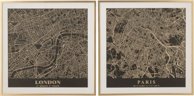 J-Line Wanddecoratie London Paris - doek - zwart/goud - assortiment van 2