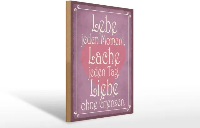 Femer Holzschild Spruch 30x40cm Lebe jeden Moment Lache Liebe lila, rosa, weis