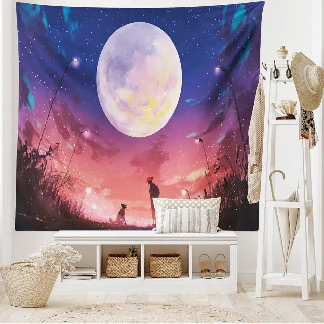 ABAKUHAUS Fantasietapijt, Hond onder de Grote Maan, Woonkamer Slaapkamer Wandhanddoek Zijdezacht Satijn Tapijt, 200 x 150 cm, Koraalrood