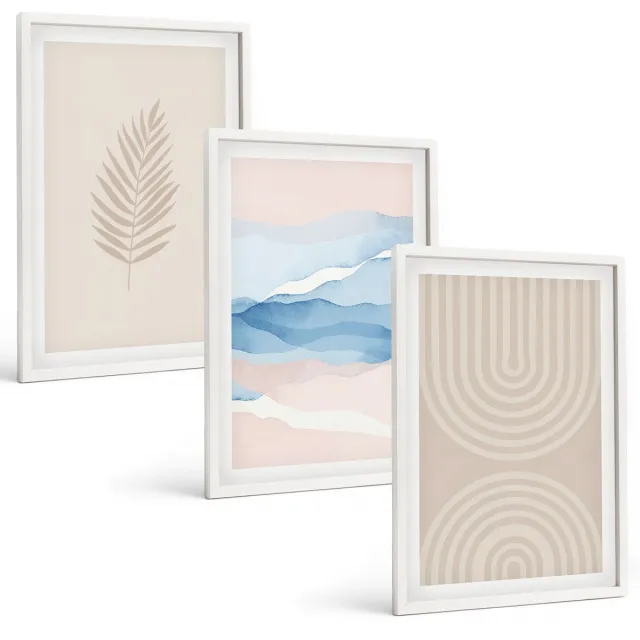 Coloray 3-Delige Schilderij Set - Bladeren En Golven In Beige En Blauwe Tinten. - 40 x 60 - Wanddecoratie - Woonkamer Decoratie Witte lijst