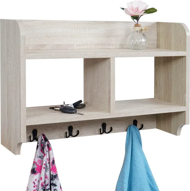 Cosmo Casa Wandgarderobe - Kapstokplank - 4 Haken 2 Plankvakken - 41x60x19cm 3D - structuur - Eikenhoutlook bruin