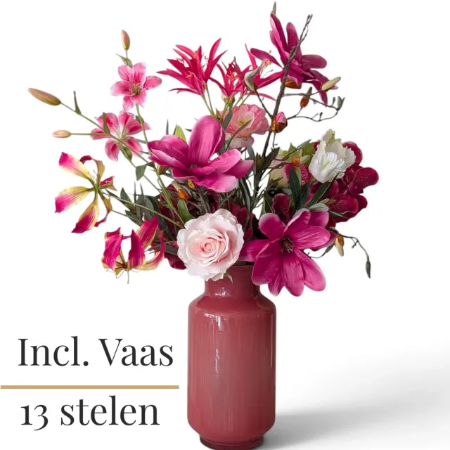 BLOOM & VESSEL Boeket Ruby – Zijden Boeket met Vaas – 90 cm – 13 Stelen – Kunstbloemen – Nepbloemen Multi, Rood, Roze, Groen, Paars, Burgundy