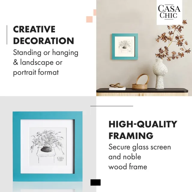 Casa Chic Fotolijst van hout, Fotolijst voor collage, Echtglas fotolijst 15 x 15 cm groot, Lijst staand of voor de wand, Verticaal en horizontaal gebruik, Grote passe-partout Turquoise