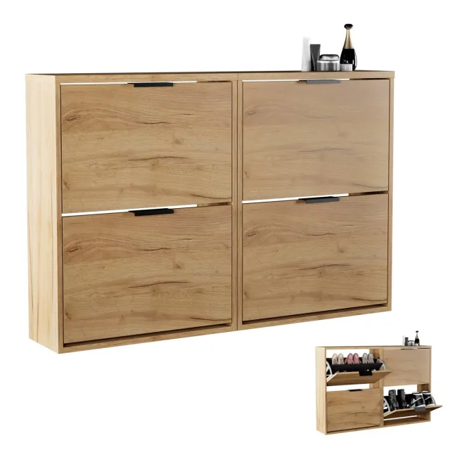 Planetmöbel STIVIO - Schoenenkast 60 cm - Goud eiken - Set van 2 met elk 2 kleppen - 23 cm diep 2 kleppen. Goud eiken
