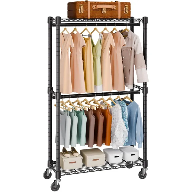 Vevor Kledingrek Op Rol Kapstok 1 Kledingstang 2-Laags 136 Kg Draagvermogen Heavy Duty Oprolbaar Kledingrek voor Slaapkamer, Wasruimte, Kleedkamer, Hal Etc. Zwart