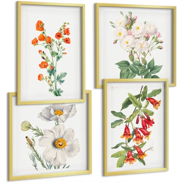 TULUP 4-Delige Schilderij Set - Bloemcomposities Retro Vintage Schilderij - 40 x 40 cm en 40 x 60 cm - Wanddecoratie - Schilderijen Set - Interieur - Decoratieve Schilderijen Gouden lijst