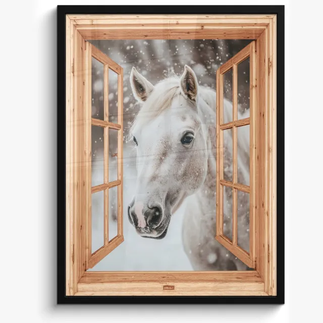 FrameYourWall Poster in lijst - Fotolijst 50x70 cm - Posters - Doorkijk - Paard - Wit - Winter - Sneeuw - Dieren - Posterlijst zwart - Decoratie - Wanddecoratie woonkamer - Muurdecoratie slaapkamer