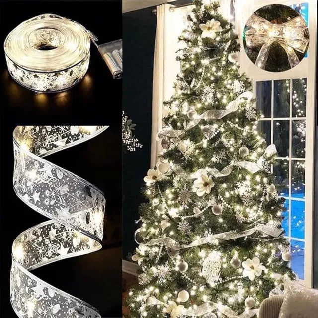 Nosheir LED lichtslinger 10 m met batterijvak – Lichtsnoer in lintvorm – 100 LED – Zilverkleurig lint – Warm licht – Voor kerstboom, party en feestdecoratie – Breedte 5 cm – Batterijen niet inbegrepen