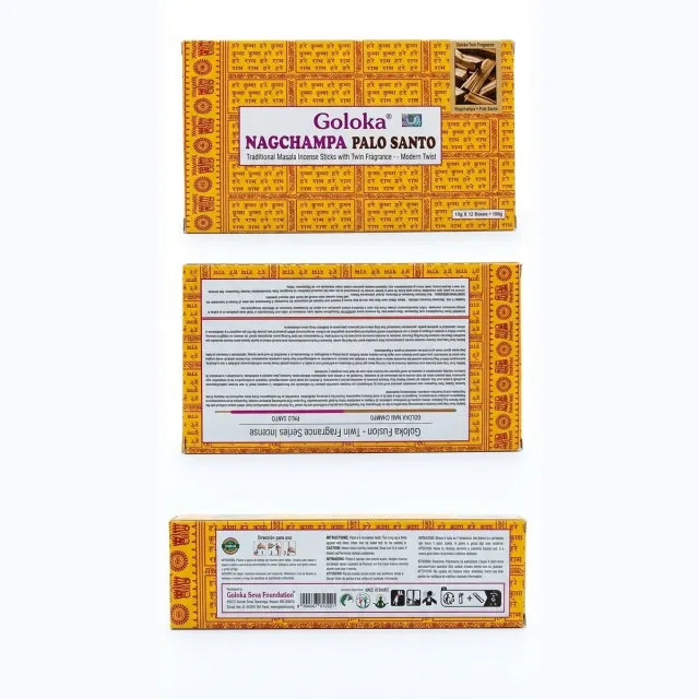 Goloka Nag Champa Palo Santo Wierook - 180g Voordeelverpakking - Authentieke Handgerolde Masala Wierookstokjes - Premium Twin Fragrance voor Meditatie & Ontspanning - 12 Doosjes - Ideaal voor een Serene Sfeer Met Kajal Sticker Bruin