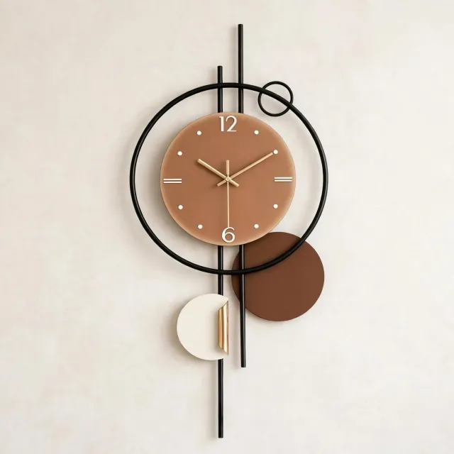 J.T.R Grote Moderne Wandklok - Oversized 3D Wandklok - Geruisloos - Bruin/Crème - Metaal - 72x34 cm - Voor Woonkamer en Keuken.