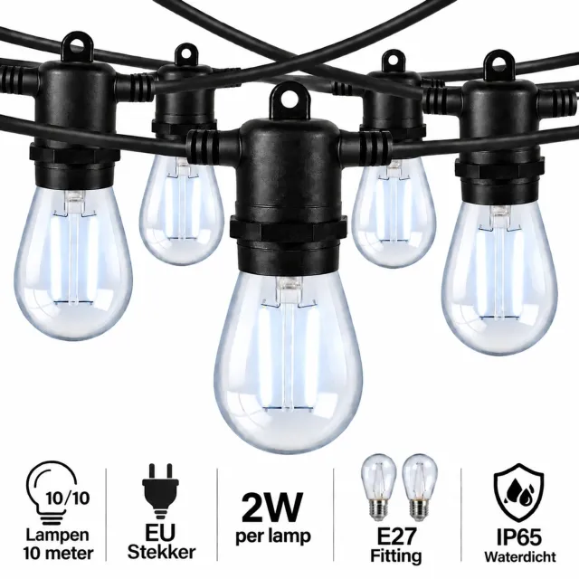 Wantohave Lichtsnoer Feestverlichting Buiten - 10 Meter - 10 LED Filament Lampen - E27 Fitting - 2W - Koel Wit - IP65