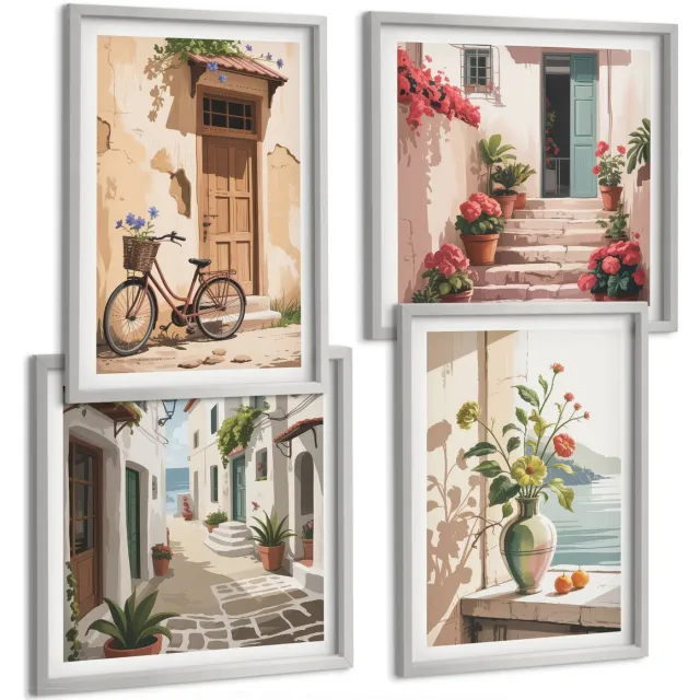 Coloray 4-Delige Schilderij Set - Geschilderde Straten Met Bloemen En Een Fiets - 40 x 40 cm En 40 x 60 cm - Stijlvolle Muurdecoratie - Slaapkamer - Interieur Decoratie Zilveren lijst