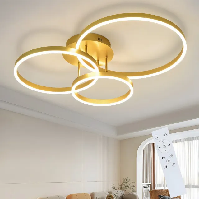 NETTLIFE Plafondlamp LED - Goud - Ring Design - 3-Lichts - Dimbaar - 74W - Moderne Plafondverlichting- met Afstandsbediening - voor Slaapkamer | Keuken | Woonkamer