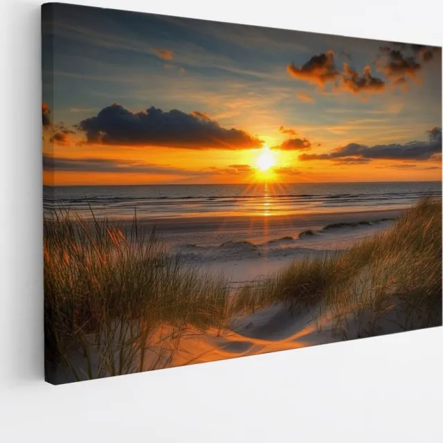 Saammp Canvas Schilderij - Strand met zonsondergang - Zee - Duinen - 70x50 - Foto op canvas - Wanddecoratie - muurdecoratie Woonkamer - Slaapkamer decoratie - Canvas Print Multicolor