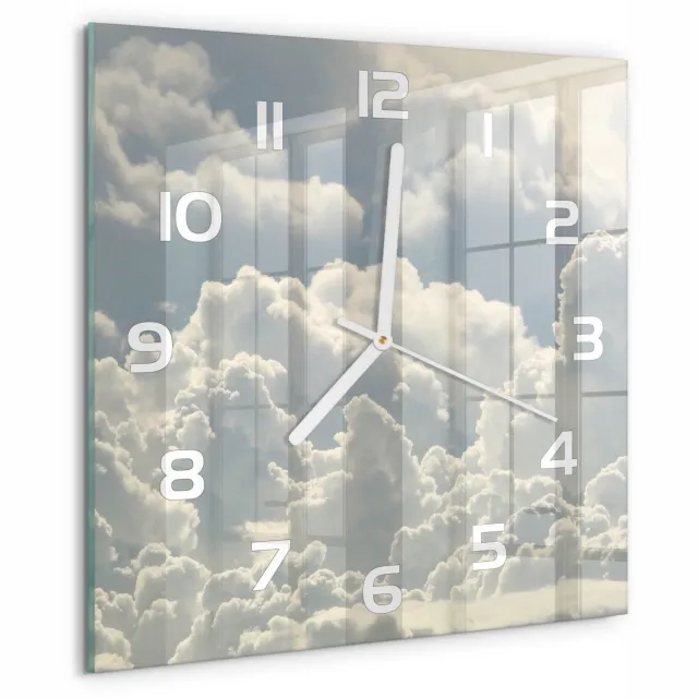 TULUP Wandklok - Wolken Wandklok Glas Met Motief - 30x30 cm - Wit Decoratieve Glazen Klok - Witte handen - Vierkante Klok - Gekleurde Glazen Klok - Glazen Klok Met Print