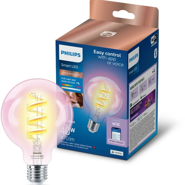 Philips Smart Lighting - LED-filamentlamp - E27 fitting - RGB - Gekleurd en instelbaar wit licht - Dimbaar - 40W - Globelamp: G95 - Helder glas - Wifi