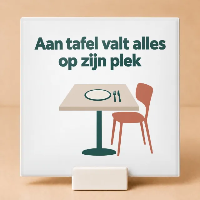 Bedruk King Sfeervolle Boho Tegel "Aan tafel valt alles op zijn plek" – Organische Wanddecoratie voor Gezellige Thuisdiners - 11 x 11 cm met houder Wit