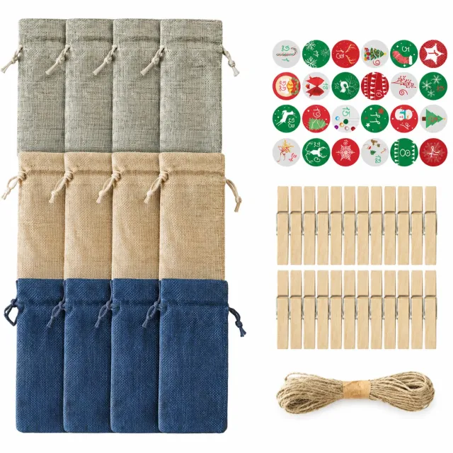 SWGOTA DIY-adventskalender met 24 cadeauzakjes van 10 x 14 cm - Drie kleuren - Met 24 knijpers, 10 m touw en 1 stickervel Beige