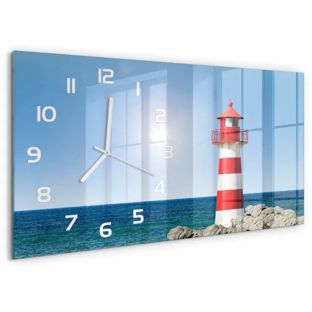 TULUP Wandklok - Vuurtoren Wandklok Glas Met Motief - 60x30 cm - Rood Decoratieve Glazen Klok - Witte handen - Rechthoekige Klok - Gekleurde Glazen Klok - Glazen Klok Met Print
