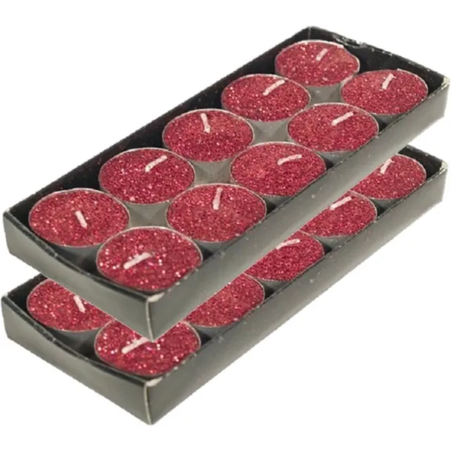 Gerimport Gerim theelichtjes/waxinelichtjes kaarsjes- 20x - rood glitters 3,5 cm