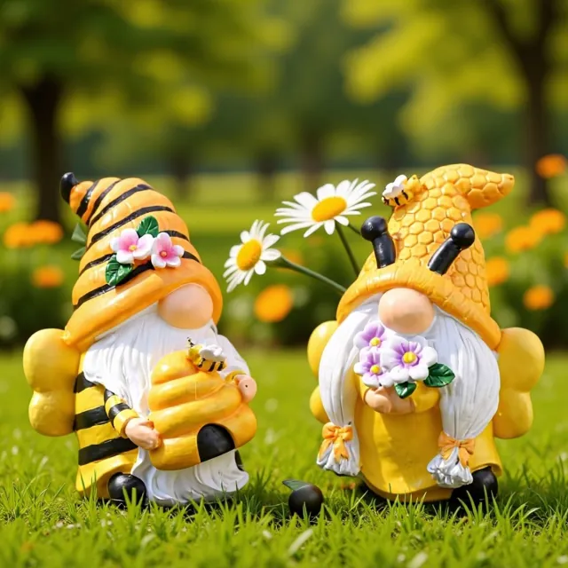 Namajunas Bijen korf dwergen set - 2 stucks - Tuin kabouter set - polyresin - Woon decoratie - Tuin accessoires - Een tuin ornament geschenk voor binnen en buiten Geel