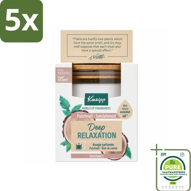 Kneipp 5 x Kneipp - Geurkaars - Deep Relaxation - Sandelhout & Patchouli - 20 branduren - Grootverpakking - Vaatwasstrips - Geurkaars - Ontspanning - Sandelhout - Patchouli - Wellness Wit