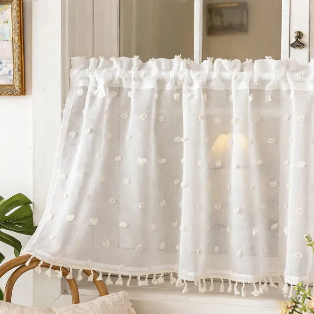Qelus vitrages met pompons en kwastjes - wit - 140 x 46 cm - 1 paneel