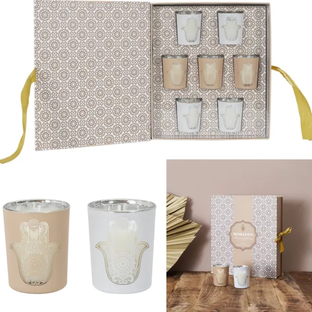 Horizon Kaarsen Geur Kaarsen Elegante Luxueuze Geschenkset Oosterse Geuren - Kerst Feestdagen Herfst/Winterseizoen (7x Ø5x6cm) - Goud, Taupe en Wit