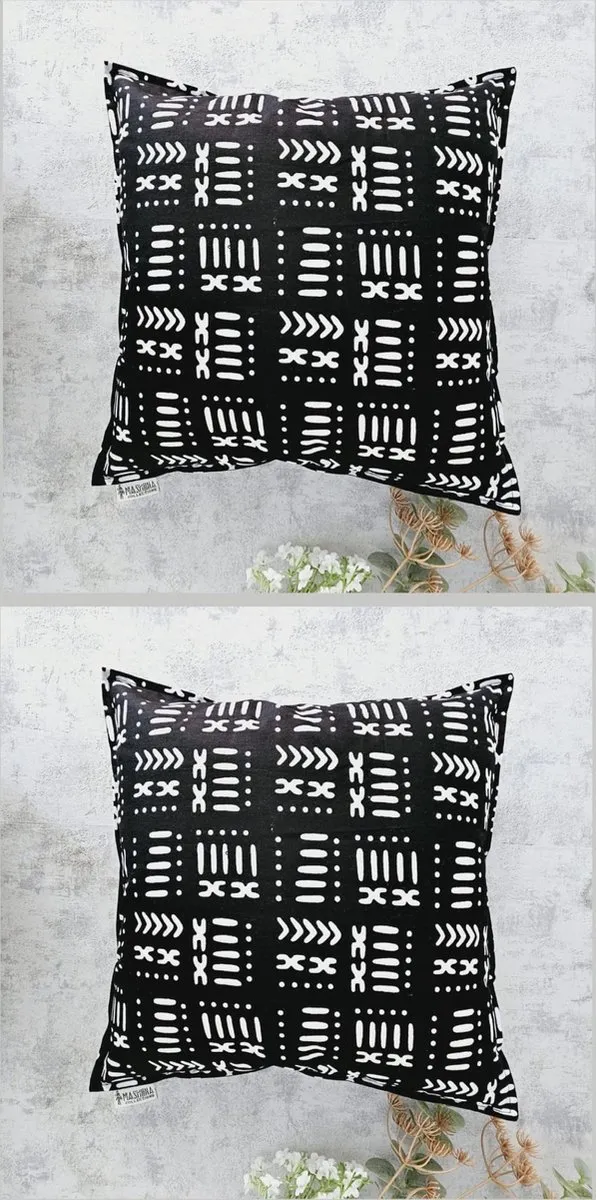 Mashona Collections Set van 2 Kussenhoes | 40x40cm| Decoratieve Kussensloop | Sierkussens | Afrikaanse Boheemse Stijl Geometrische 'Mudcloth' Bogolan Geïnspireerd Print Woondecoratie Sierkussen Katoen Etnische Kussenhoes Black Mudcloth