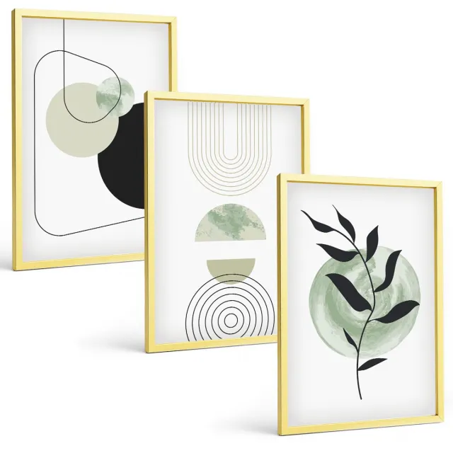 TULUP 4-Delige Schilderij Set - Abstracte vormen en plantmotieven in groen - 40 x 60 cm - Muurdecoratie - Schilderijen Set - Woonkamer - Decoratieve Schilderijen Gouden lijst