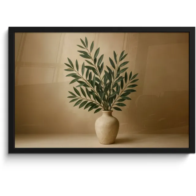 FrameYourWall Poster in lijst - Fotolijst 60x40 cm - Posters - Vaas - Olijftakken - Bladeren - Beige - Posterlijst zwart - Decoratie - Wanddecoratie woonkamer - Muurdecoratie slaapkamer