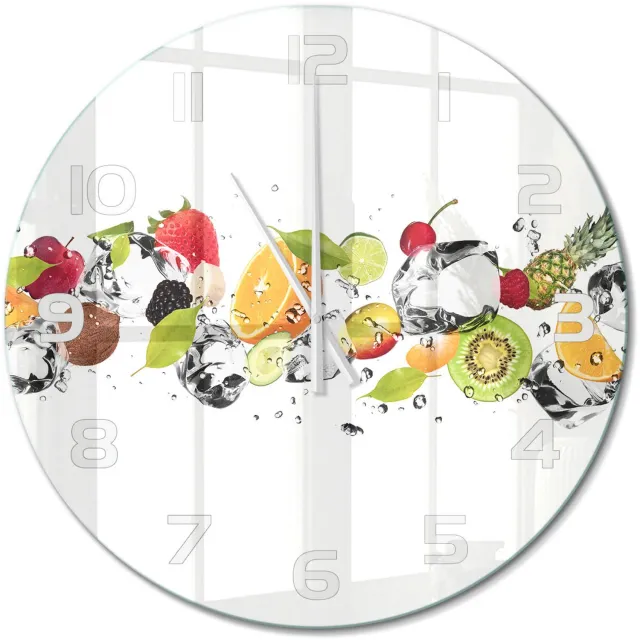 TULUP Wandklok - Fruit en water Glazen Klok Met Print - fi60 cm - Veelkleurig Wandklok Glas Met Motief - Witte handen - Ronde Klok - Wandklok Glas Decoratie - Gekleurde Glazen Klok