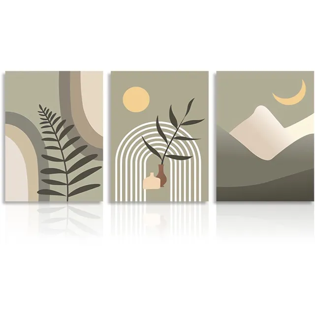 Ibenzoa Abstracte Boho Wanddecoratie Set van 3: Zon, Maan en Salie Geometrisch Canvas groen