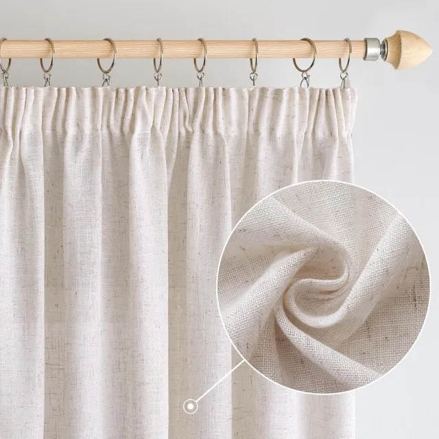 Famanu Linnengordijnen met plooiband, gordijnen, woonkamer, linnenlook, half-transparant, slaapkamer, modern, lusgordijnen, set van 2, 140 x 260 cm (b x h), gebleekt wit