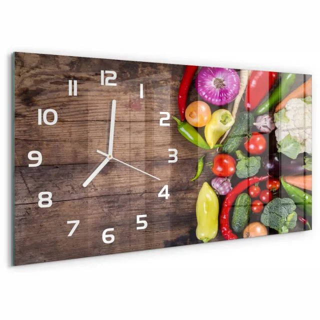 TULUP Wandklok - Groenten Glazen Wandklok Design - 60x30 cm - Veelkleurig Klok Glas Met Opdruk - Witte handen - Rechthoekige Klok - Wandklok Glas Met Motief - Decoratieve Glazen Klok